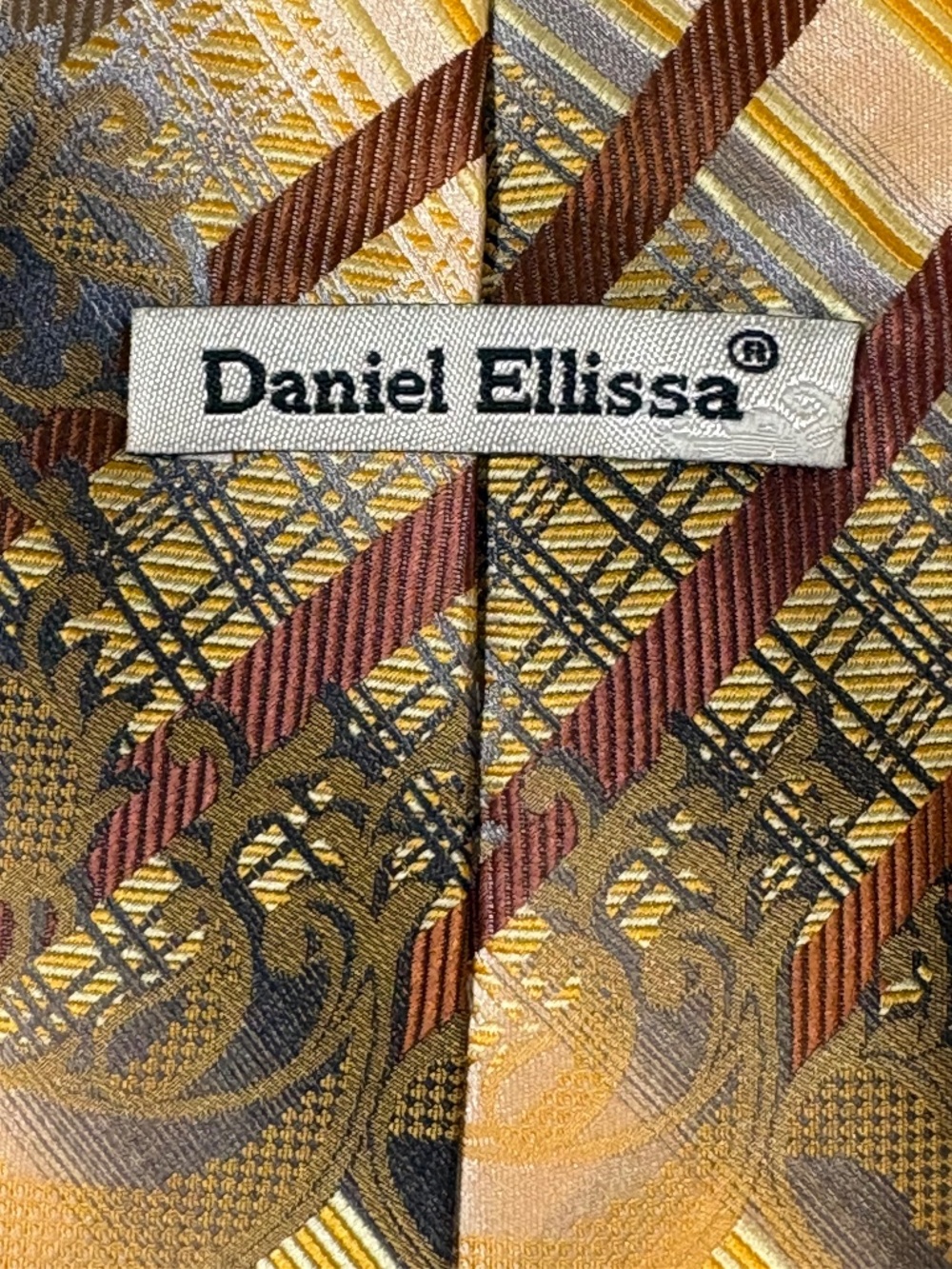 Daniel Ellissa Men's Silk-Look Paisley Plaid Necktie Gold Brown